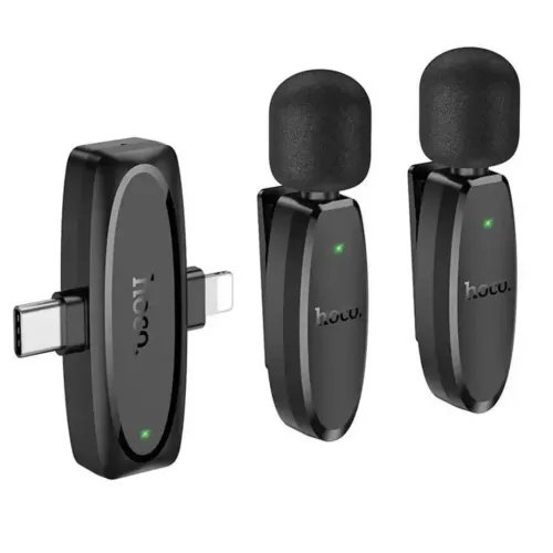 l15-dual-500x500-1.webp Hoco L15 Type-C & Lightning Dual Mic Lavalier Wireless Microphone (Black) - Image 1