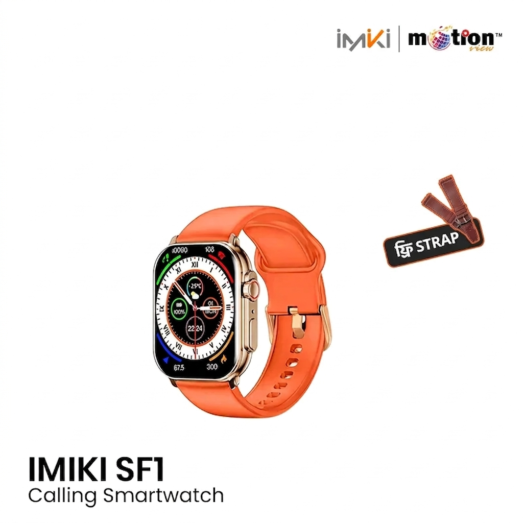 17787285905.imiki-sf1-gold-color-with-free-strap.png IMIKI SF1 Curved 2.01" AMOLED Calling Smart Watch Metal Body - Image 1